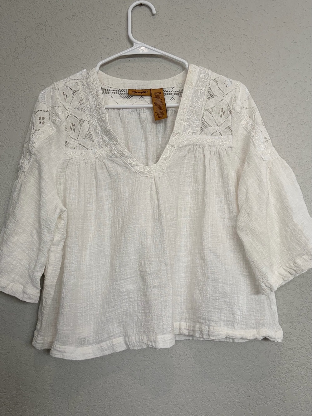 Wrangler White Gauze Peasant Blouse with Lace Yoke